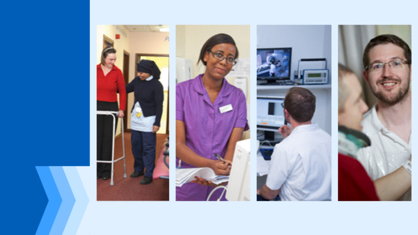 A collage of photos showing healthcare trainees from midwifery and allied health professions